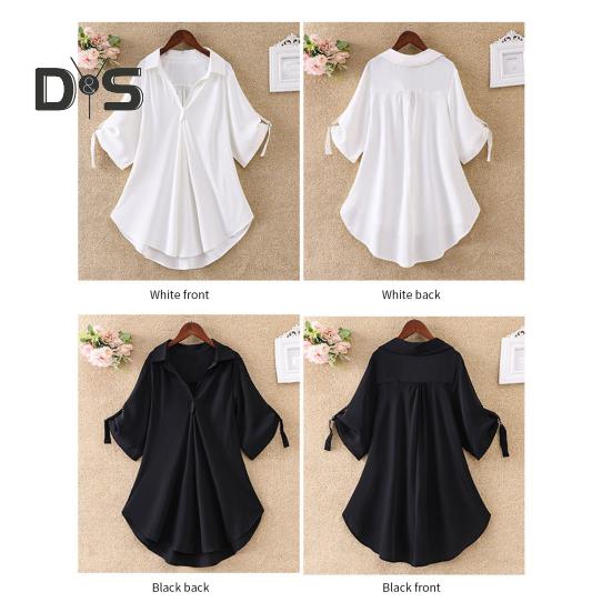 Dámská košile s klopou, poloviční rukáv, střední délka, ležérní topy, jednobarevná, vypasovaná v pase, volný střih, šifonová halenka, pro každodenní nošení