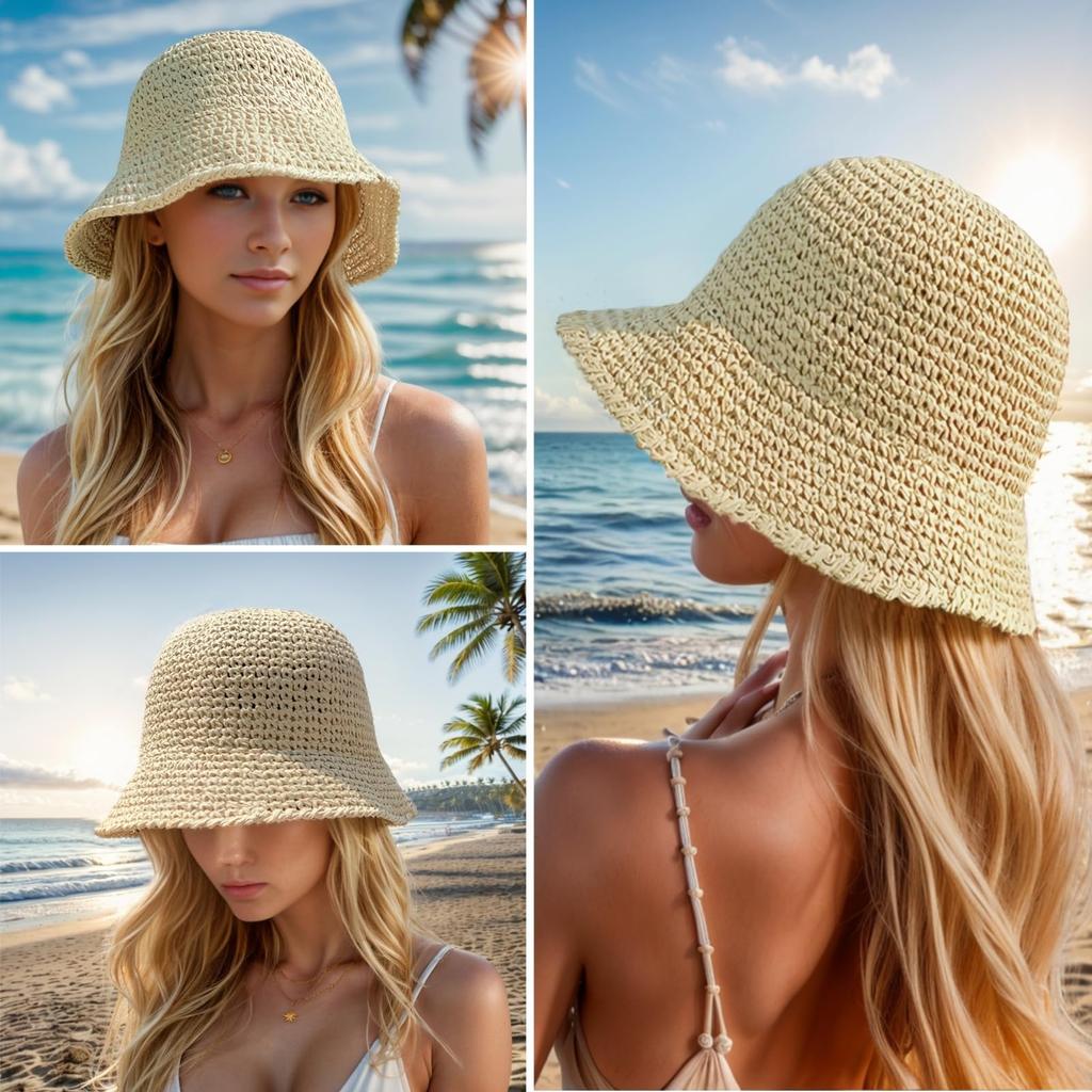 Summer UV-Protect Crochet Straw Bucket Hat for Women Beach Fashionable Breathable Outdoor Sunshade Cap Foldable Visors