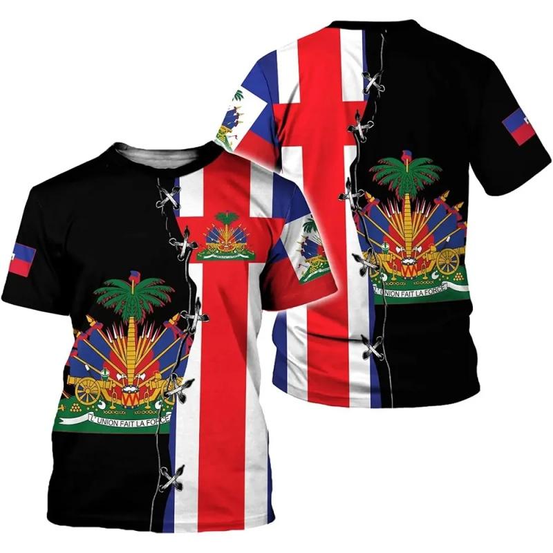 

Haiti National Emblem Pattern T-Shirt for Men Haitian Flag 3D Printed Tees Casual Loose T Shirts Round Neck Tops Short Sleeves XXS