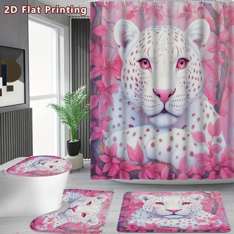4Pcs White Leopard Shower Curtain Set with Non-Slip Bath Mat, Toilet Lid Cover, Contour Rug & 12 Hooks, Bathroom Decor