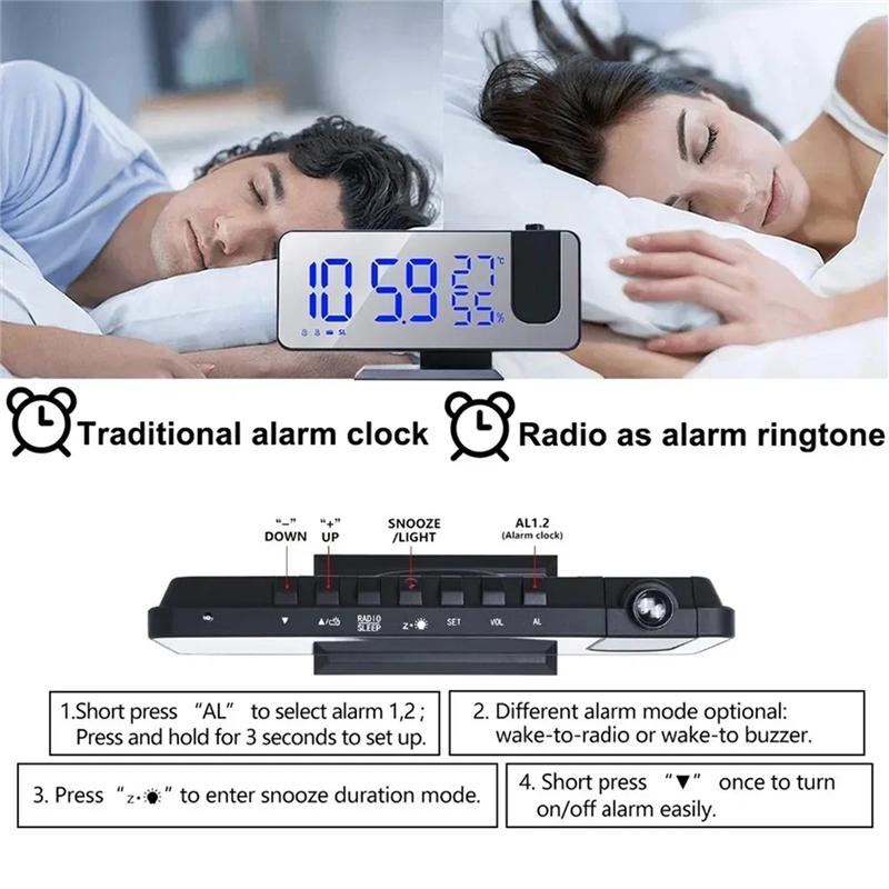 USB Powered LED Digital Projection Clock Mirrow Radio Temperature Humidity Brightness Adjustment Snooze Home Desktop Decoration