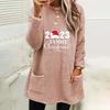 Autumn Winter Women's Christmas Print Round Neck Loose Long Sleeve Pocket Plush Hoodie