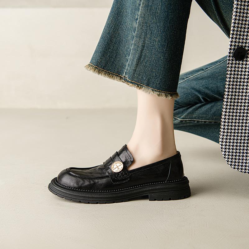 Cowhide version~ British style round head medium heel thick heel single shoes women's retro leather loafers versatile platform small leather shoes
