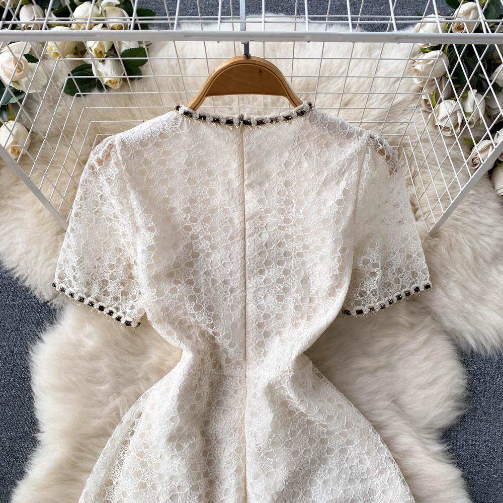 Summer Elegant Women Lace Embroidery Sweet Party Dress European Style Hollow Out Long Midi Dresses