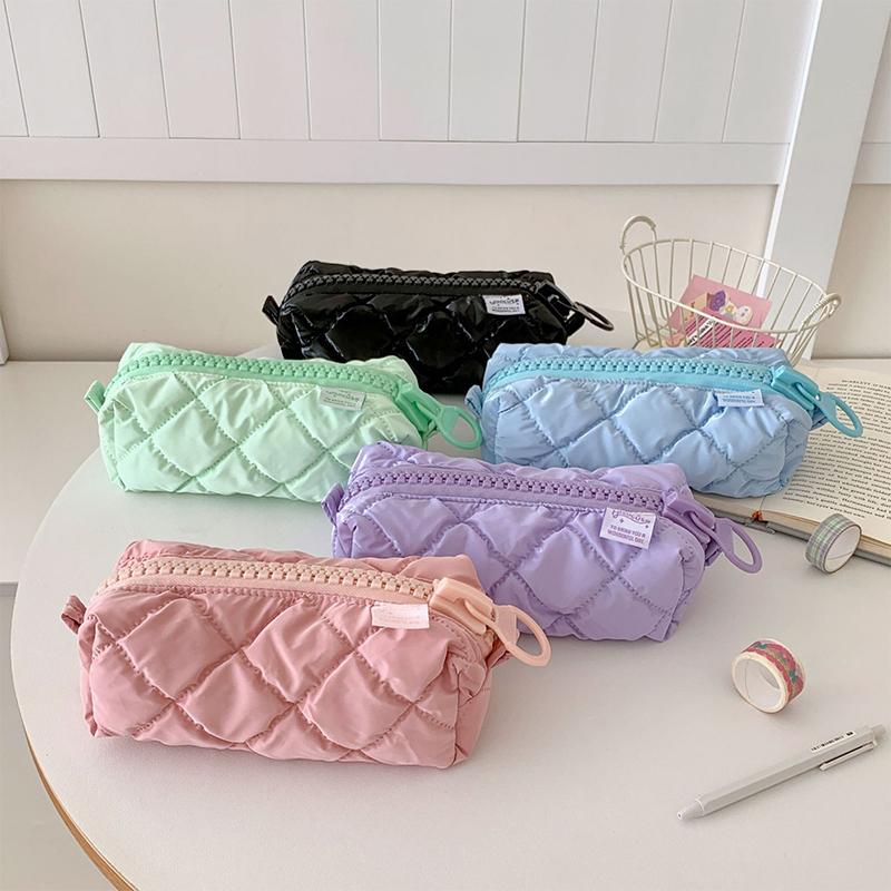 Puffer Leather Pencil Case For Women Vanilla Aesthetic Pencil Pouch With Zipper Stationery Make Up Storage Bag