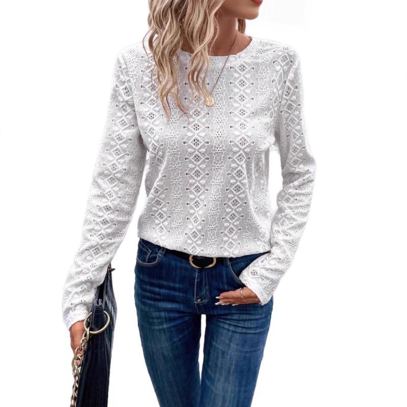 Solid Long Sleeve Hollow Out Casual Shirt For Women Summer