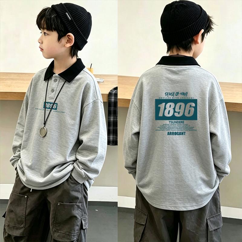 Color Block Korean Style Boys' Long Sleeve Polo Shirt - Patchwork Lapel T-shirt for Spring & Autumn (Ages 6-12)