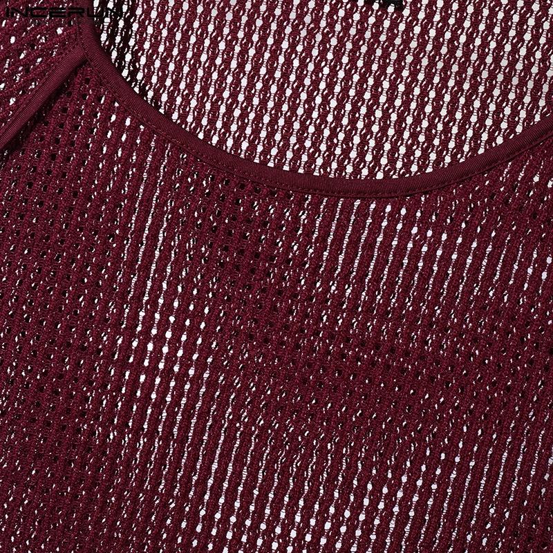 INCERUN Tricouri pentru bărbați, cu guler rotund, fără mâneci, din plasă, din netyarn, cu gol, fără manșete