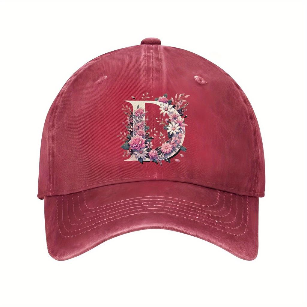 Floral Letter D Baseball Cap Unisex Casual Cotton Adjustable Distressed Outdoor Cap