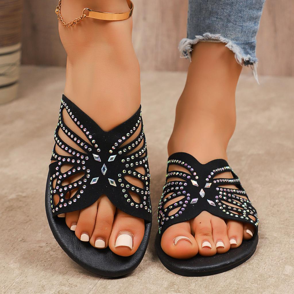 Sommer neue Sandalen Damen Außenhandel große Größe Ein Wort runder Kopf Schmetterling Strass europäisch und amerikanisch lässige coole Hausschuhe Damen Spot