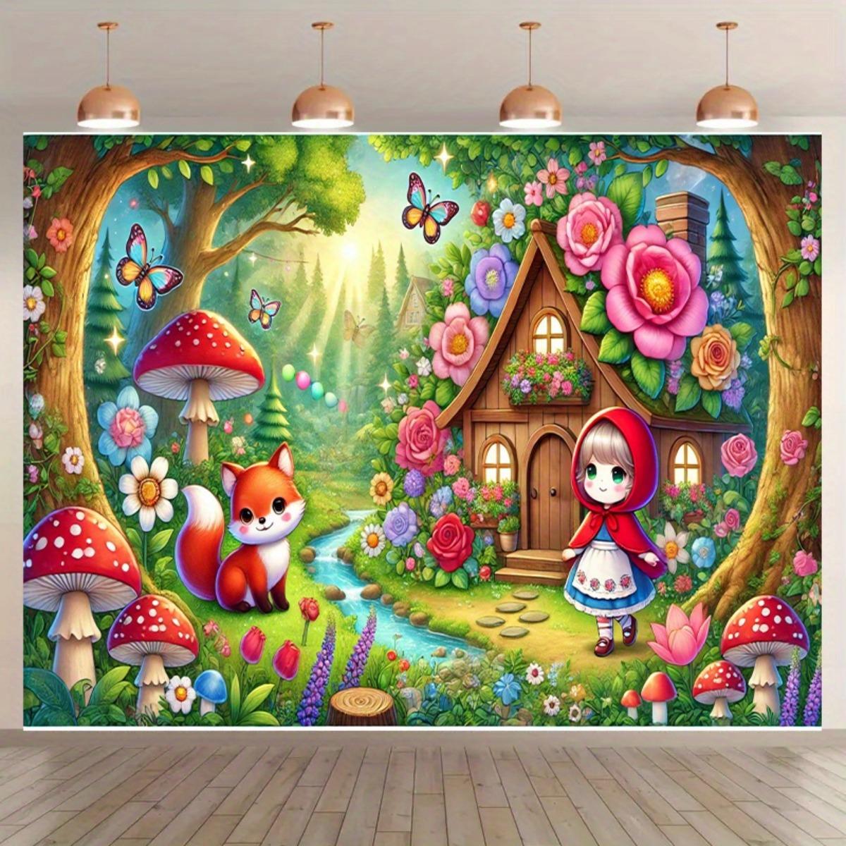 Little Red Riding Hood backdrop. The scene depicts a forest full of fairy tale charm, with patterns of flowers and mushrooms. 100x150cm