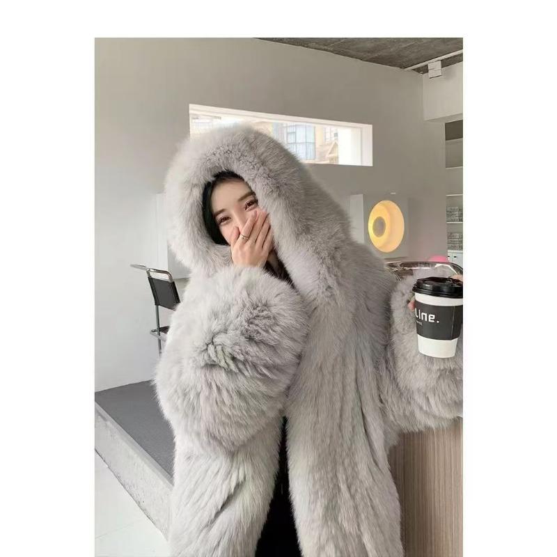 

Осень и зима новая куртка с капюшоном из искусственного лисьего меха женская свободная и тонкая длинная меховая куртка мода L131-75kg серый