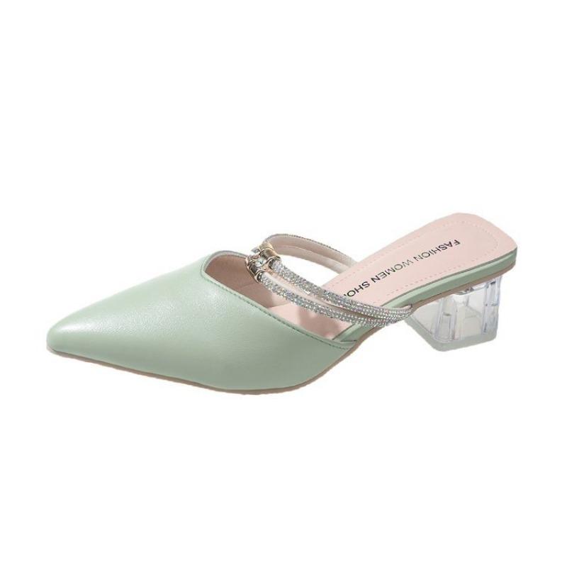 Fashion pointed high heels summer new thick heel solid color rhinestone sandals daily casual lady bag head slippers