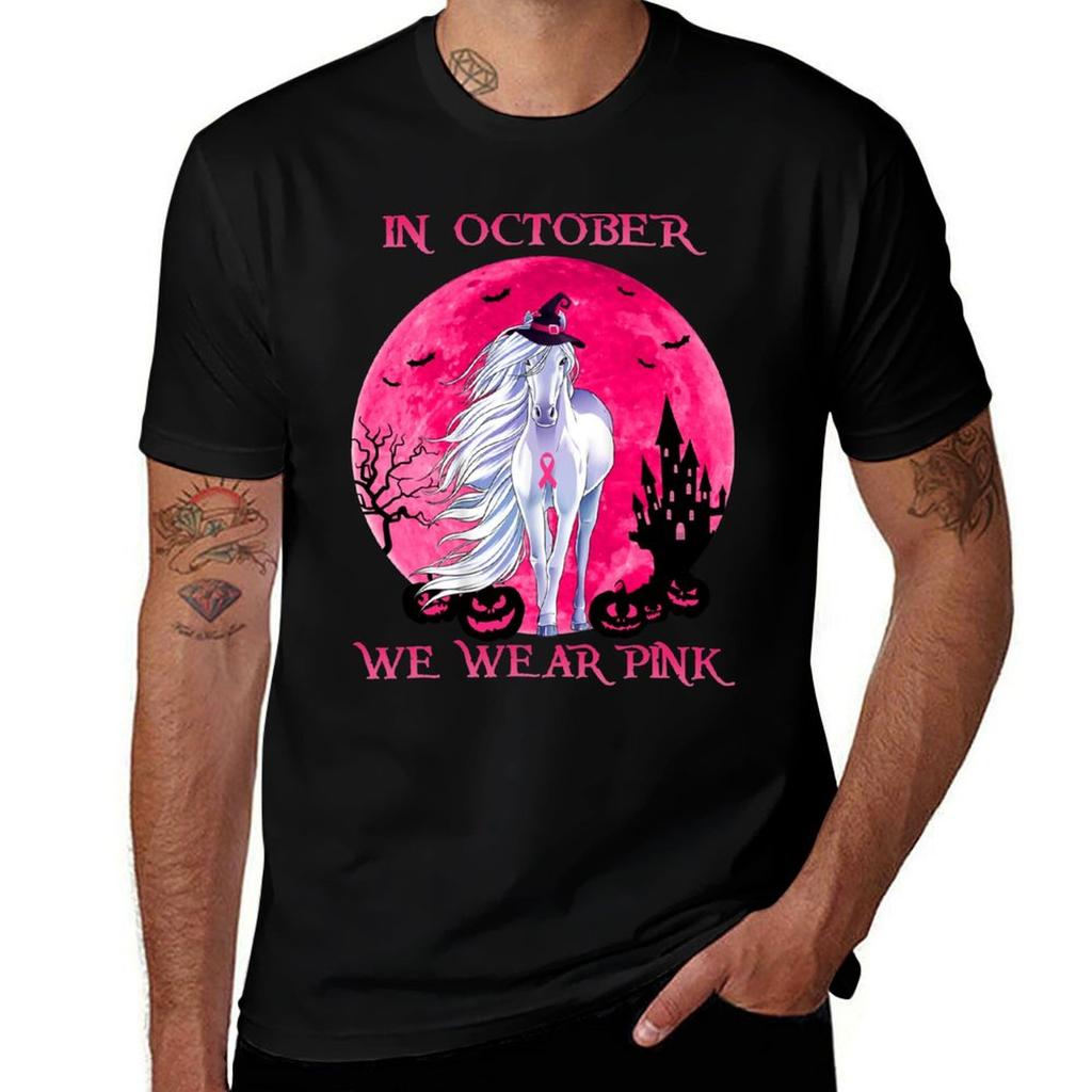Horse In October We Wear Pink Halloween Tshirt Basic Solid Color Short Sleeve Cotton Top Tshirt