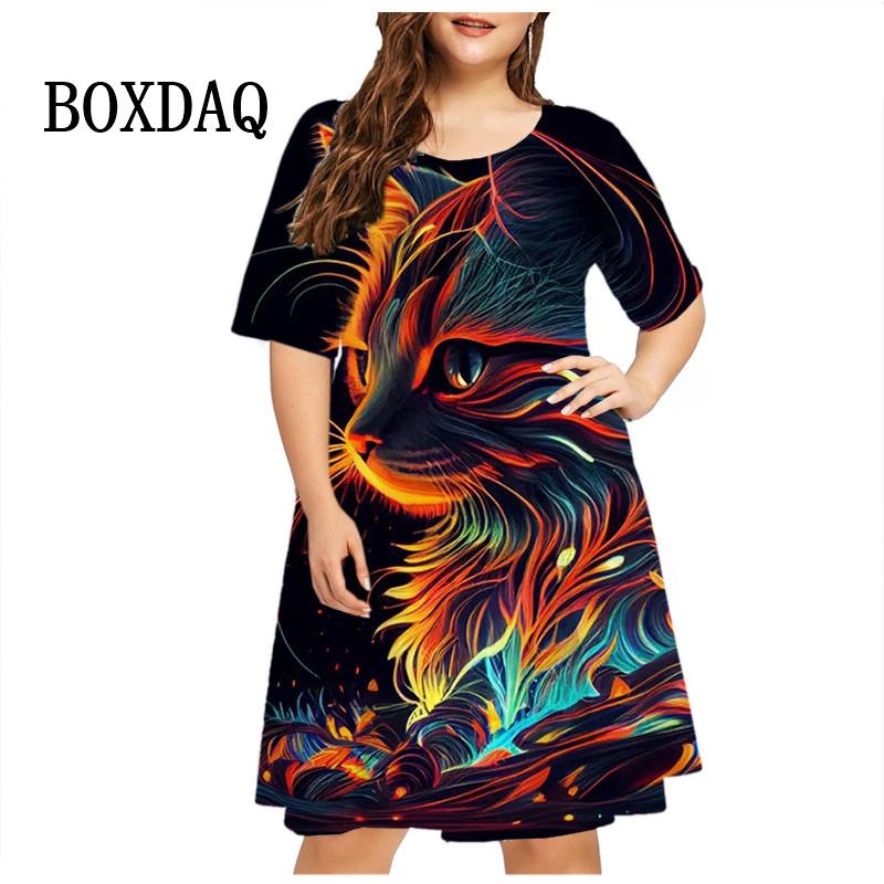 Starry Sky Cat Graphic Dress For Women Tie Dye 3D Printed Casual Loose Plus Size Dress Short Sleeve Fashion Hip Hop Kawaii Dress