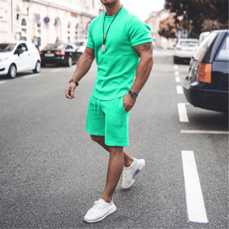 New Men's Summer Street Men's Short-sleeved Shorts Two-piece Men's Casual Sports Large Size Suit Men