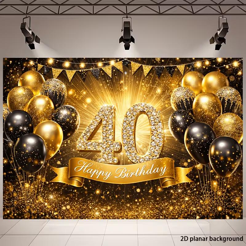 2D 40th Birthday Backdrop Black Gold Balloon and Diamond Number 40 Photography Background