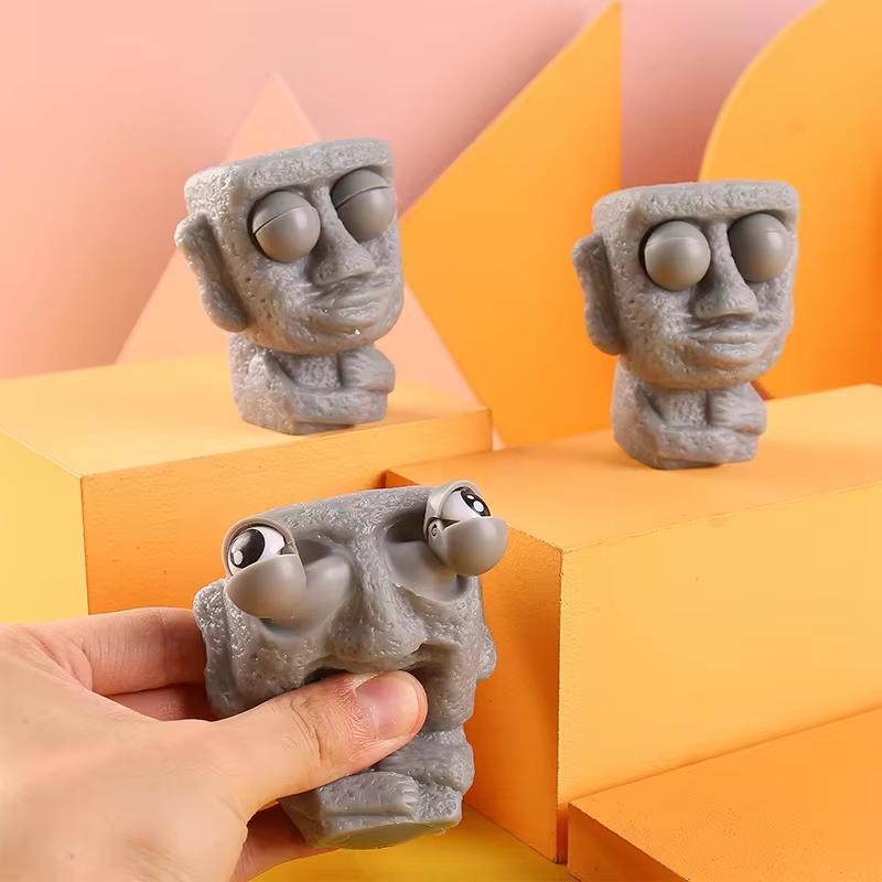 Stone Man Releases Stress Toy Slowly Rebounds Soft Moai Statue Squeeze Eyes Interested Expression Relaxes Stress Kids Gift