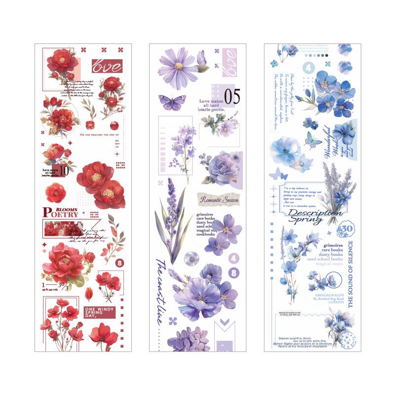 Floral PET Collage Tape: 6 Styles - Flower Text & White Ink for Journals