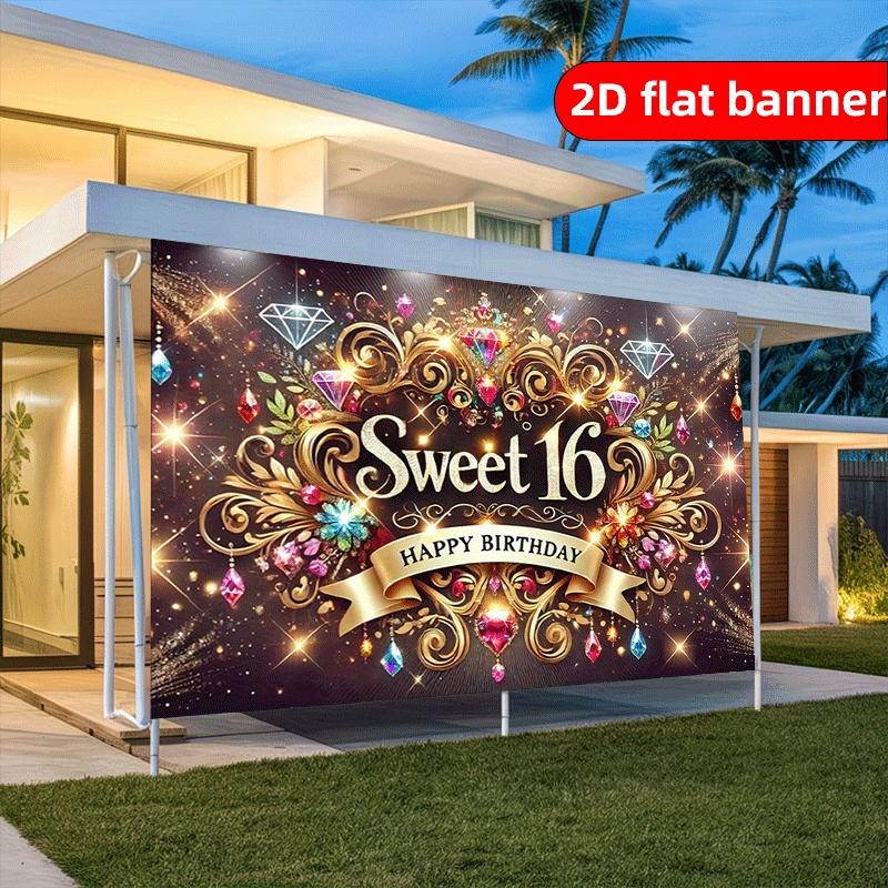 2D Flat 16 Year Old Background Fabric Flag Party Tapestry Indoor and Outdoor Banner Decoration Holiday Party Birthday Decoration