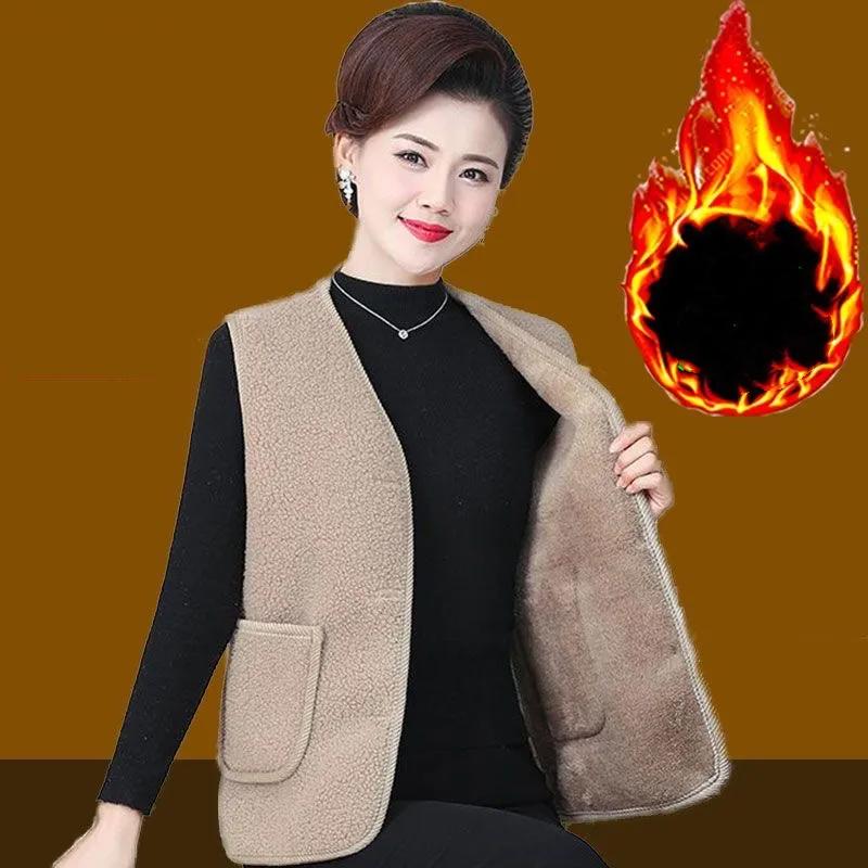 

Женский осенне-зимний утолщенный жилет для среднего возраста из флиса из овечьей шерсти с круглым вырезом 5XL света кофе