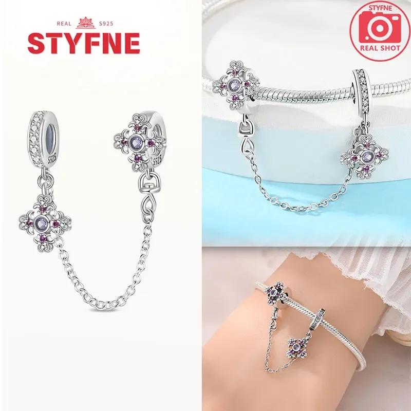 Real Silver 925 Star and Moon Flower Heart Safety Chain Wearable Jewelry Gift Bracelet DIY Beads for Women