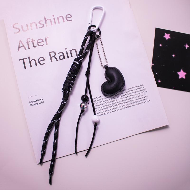 Colorful Hand Braided Rope Roman Knot Keychain Pendant Sweet Leather Heart Charm Bag  Hanging Ornaments Car Keyring Gifts