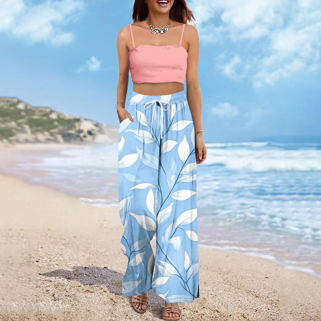 Women's Wide Leg Pants With Elastic Waistband Printing Large Pockets Patchwork Edge, Loose Pants