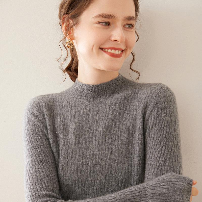Women's Soft Cashmere Lychee-Pattern Knit Sweater - Half-High Collar, Slim-Fit, Perfect for Autumn and Winter Layers