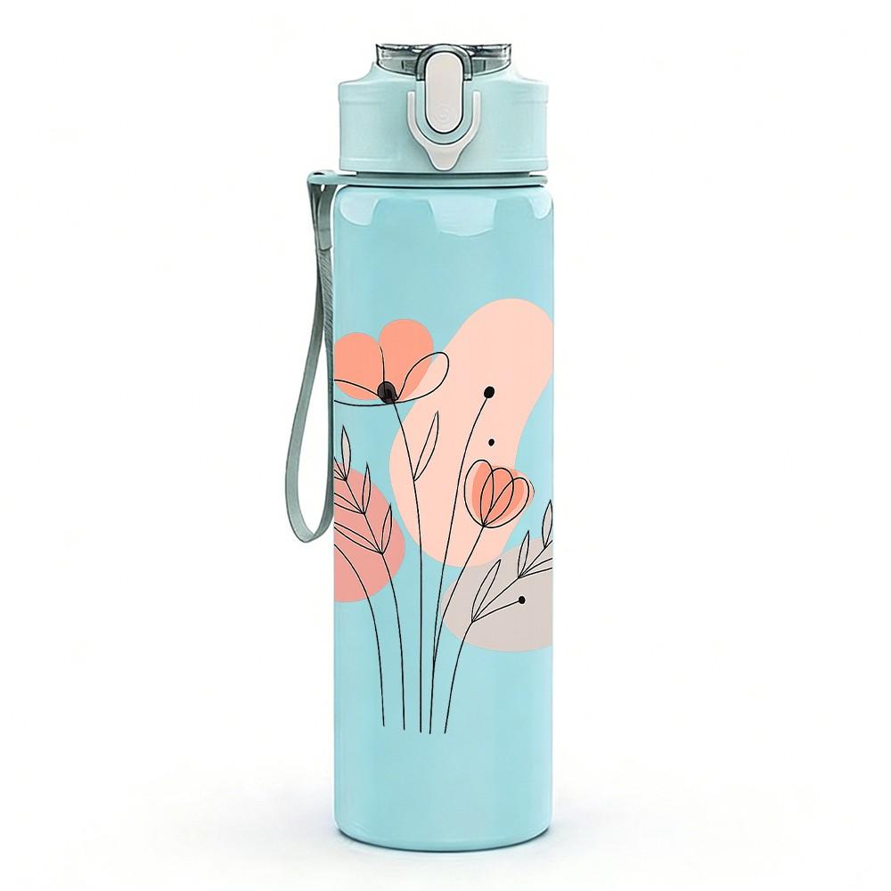 1PC Minimal Pink Tulip Art 750ml Color Plastic Sports Water Bottle Leakproof Flip Straw Lid Suitable for Sports Office Home Use