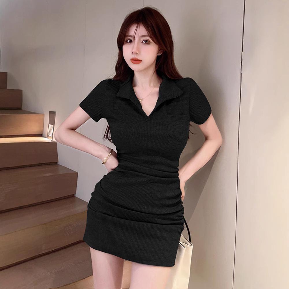POLO Collar Short-sleeved Dress Women's Summer Slim-fitting Sexy Waist Spice Girl Hip-wrapped Short Skirt Chic High-end Skirt