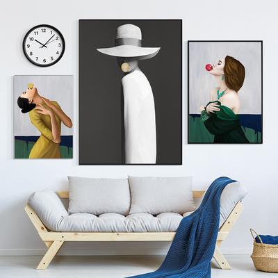 Módní plakát Vyfukování bublin Žena v klobouku Severský portrét Malba na plátně Domácí dekorace Nástěnné umění 3 kusy Pop obrázky pro dekoraci obývacího pokoje