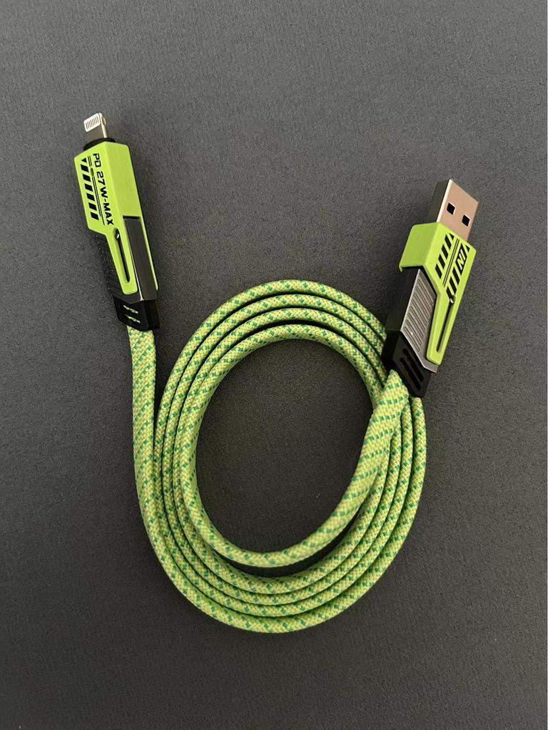Double Magic 4-in-1 65W Superfast Bumblebee Mecha Data Cable with On-Demand Fast Charging.