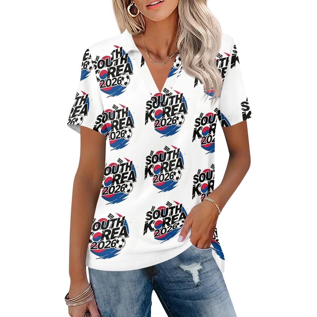 Women's Casual V Neck Short Sleeve T Shirt World Cup Print Polo Style Top Lightweight Comfortable Fit