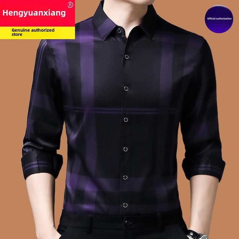 Hengyuanxiang Men's Autumn Plaid Long Sleeve Iron-Free Casual Shirt