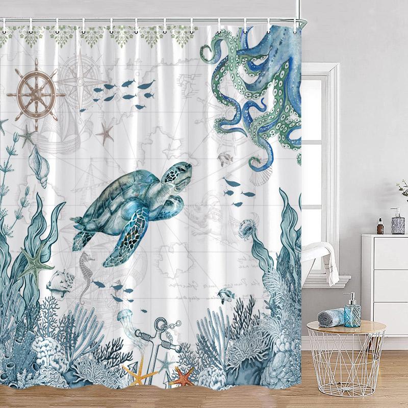 Blaue Meeresschildkröte Duschvorhänge Aquarell Seestern Fische Seegras Ozean Badevorhang Set Stoff Heim Badezimmer Dekoration mit Haken
