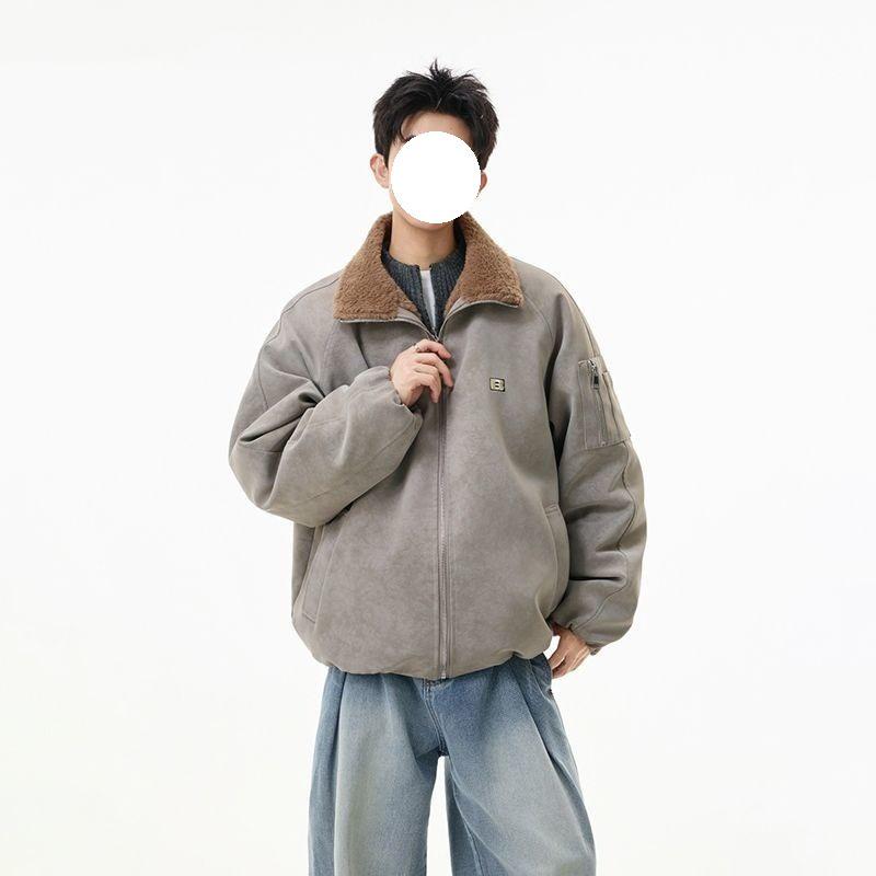 

Men s Trendy Tie-Dye Lambswool Lapel Jacket - Winter Loose Fit with Thickened Cotton and PU Leather Fur Trim. XL сірий колір
