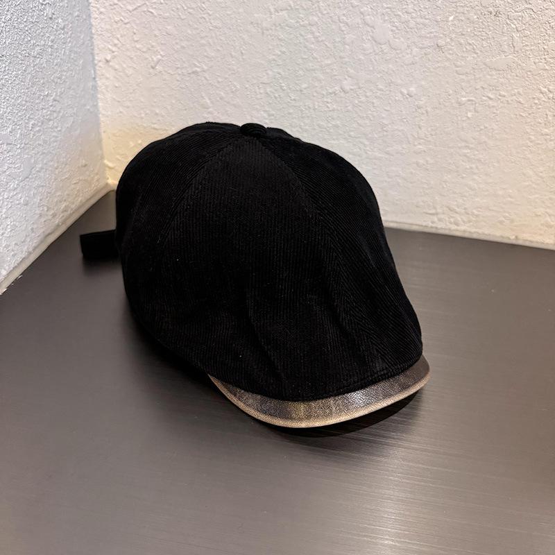American Retro Solid Color Corduroy PU Forward Hat Autumn and Winter Men and Women Simple Street Versatile Duckbill Beret Tide
