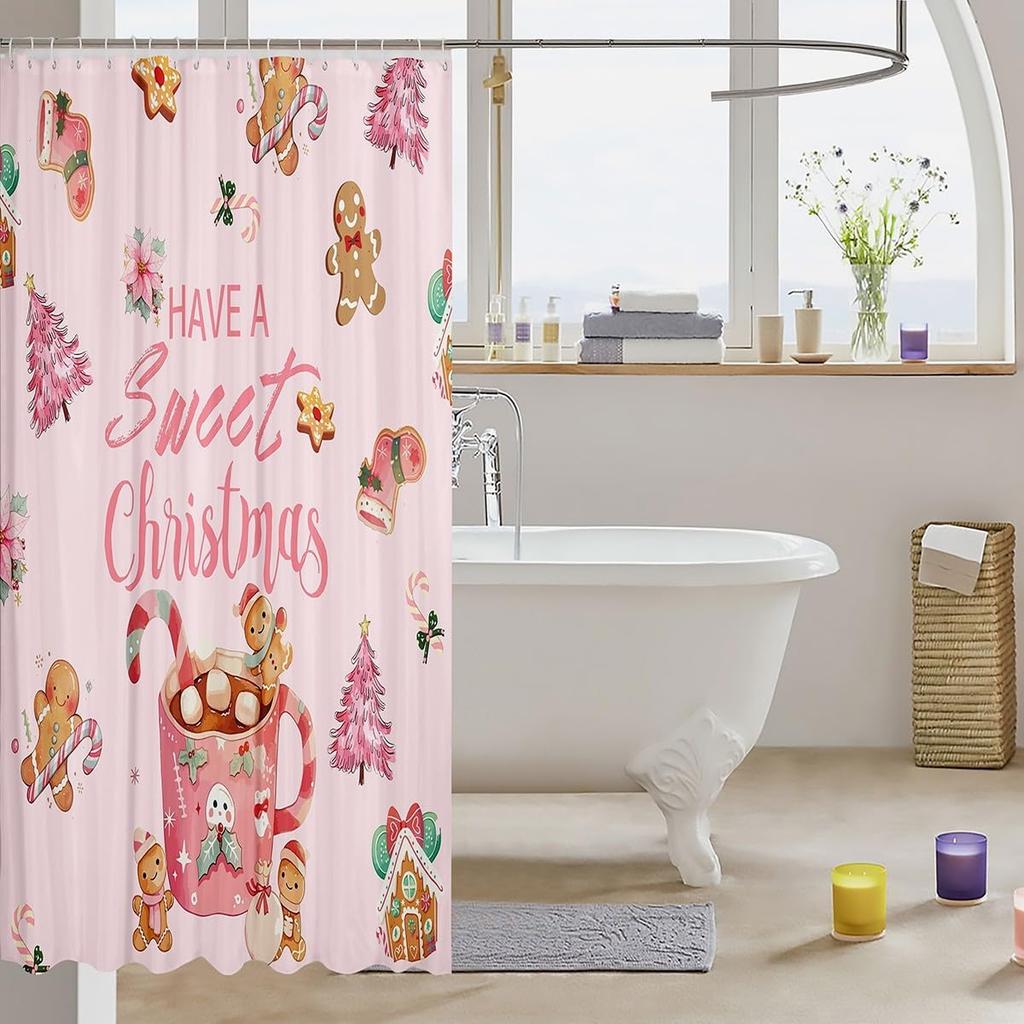 Sweet Pink Christmas Gingerbread House Shower Curtain with Cute Gingerbread Man Pattern, Bathroom Decor for Xmas Holiday