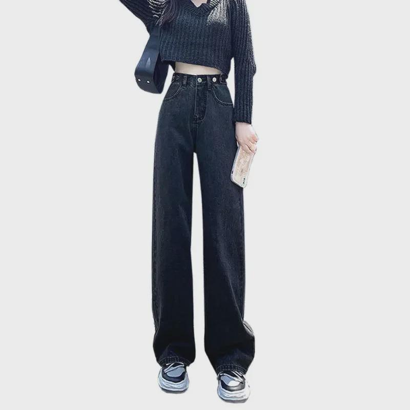 High-Waisted Black & Gray Wide-Leg Jeans - Adjustable Multi-Button Design, Loose Pear Shape, Floor Length for Women