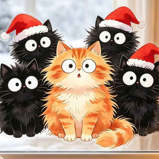 DIY Christmas Scene Window Decals Cling, Cartoon Cats Sticker with Santa Hat, Removable Cute Holiday Decorations PVC Static Glass Decal for