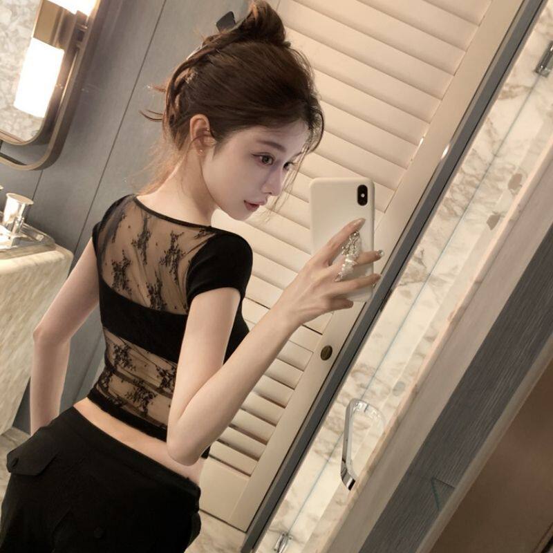 French sweet and spicy style white lace short-sleeved T-shirt women's summer slim and thin design pure desire Spice Girl top