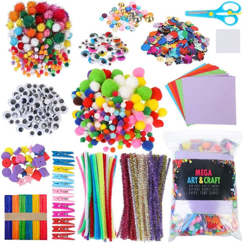 Colorful Craft Kit for Kids DIY Toys Puzzle Handicraft Toys Variety Craft Supplies Set Twisting Rod Plush Ball Button TMZ