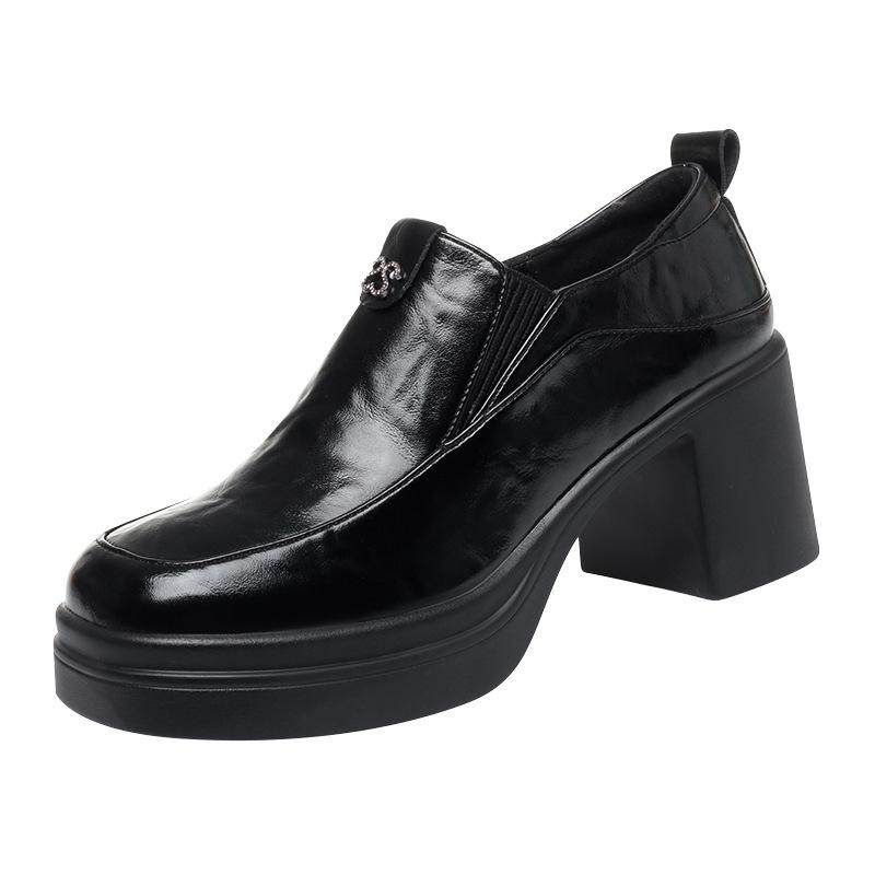 Women's High-heeled Leather Shoes, Spring and Autumn Single Shoes, Chunky Heels, Thick Soles, Slip-on Women's Shoes, Square Toe Leather Shoes