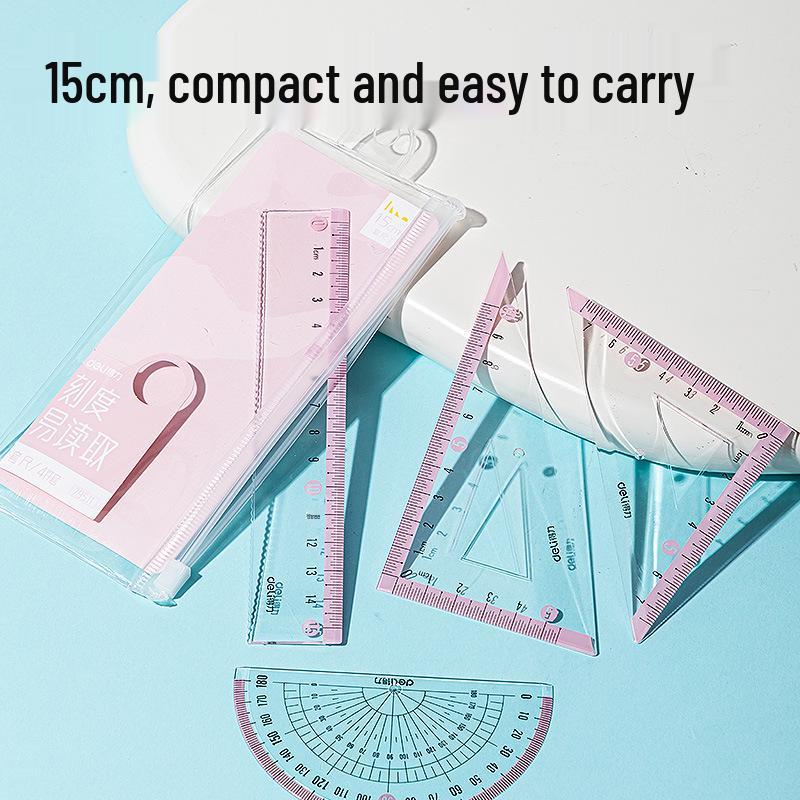 Deli 79511 Transparent Ruler & Protractor Set - 4-Piece Student Drafting Tools