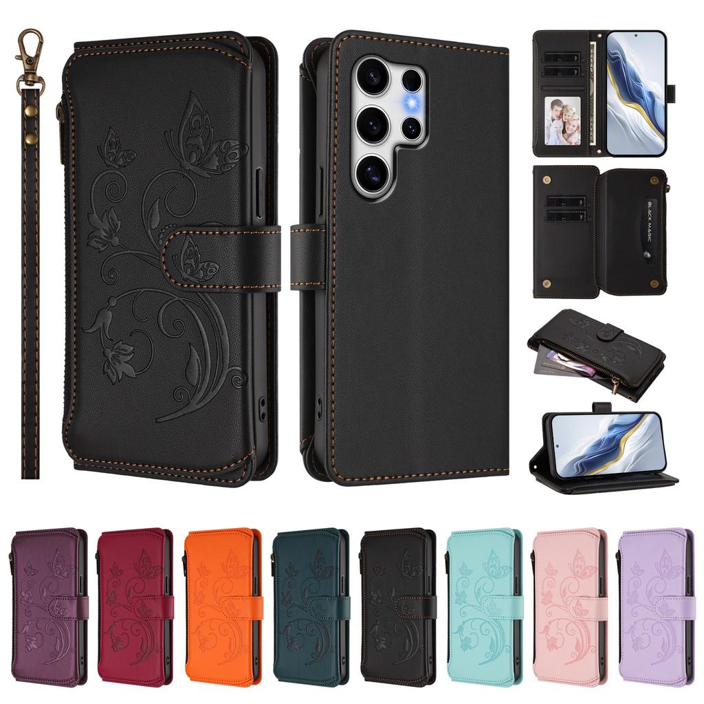 For Samsung Galaxy S25 Ultra Leather Case Butterfly Floral Imprint Zipper Wallet Stand Cover with Wrist Strap