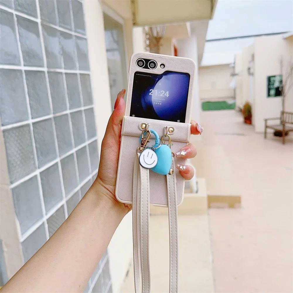 Leather Crossbody Love Pendant Phone Case for Samsung Galaxy Z Flip 6 5 4 3 Flip5 Flip4 Flip3 5G Protective Shockproof Cover