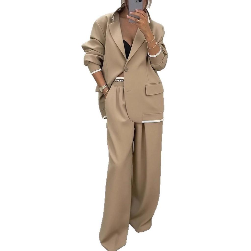 Women's Oversized Blazer Suit Set, Two Piece Wide Leg Pant Suit with White Trim