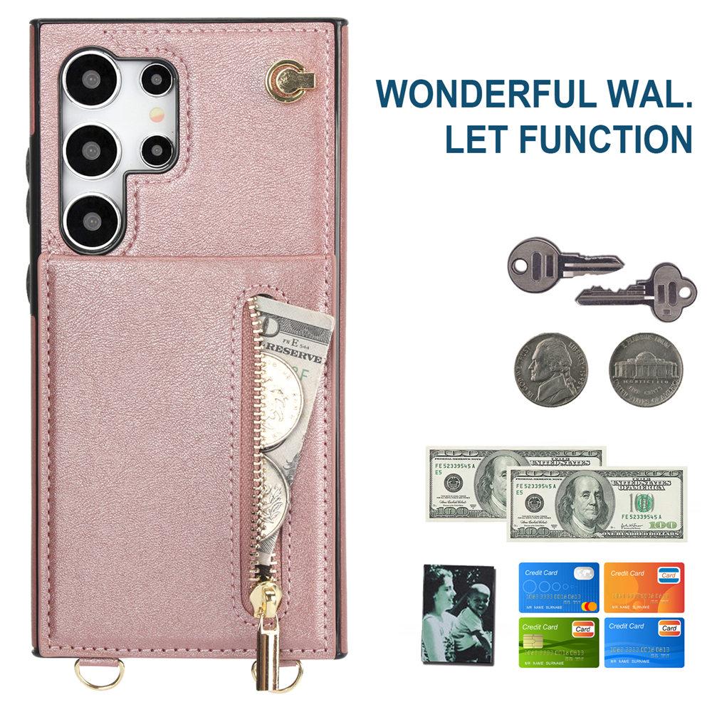 Zipper Crossbody Wallet Case For Samsung Galaxy S25 S24 Ultra S23 Plus S24FE S22 S21 S20 Note 20 Cards Holder Lanyard Cover
