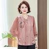Women's Floral Print Chiffon Blouse V-neck Tie Front 3/4 Sleeve Loose Fit Casual Top for Middle-Aged